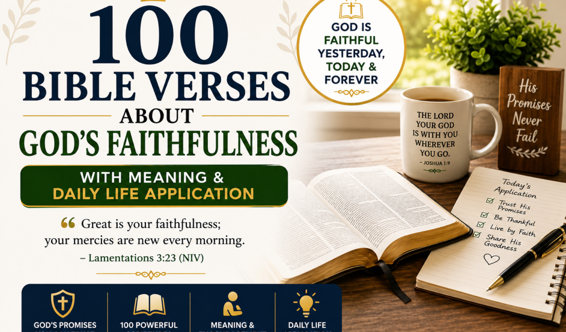 100 Bible verses about God's faithfulness with meaning and daily life application, featuring an open Bible, Christian devotional setting, and inspirational Scripture.