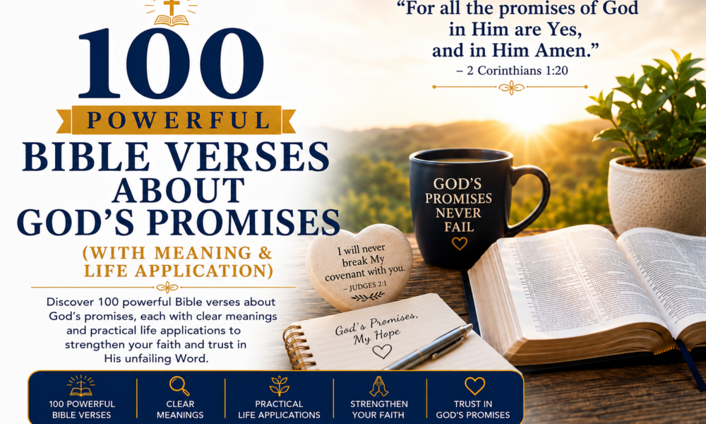 Open Bible with sunrise, coffee mug and notebook illustrating 100 powerful Bible verses about God's promises with meaning and life application for strengthening faith.