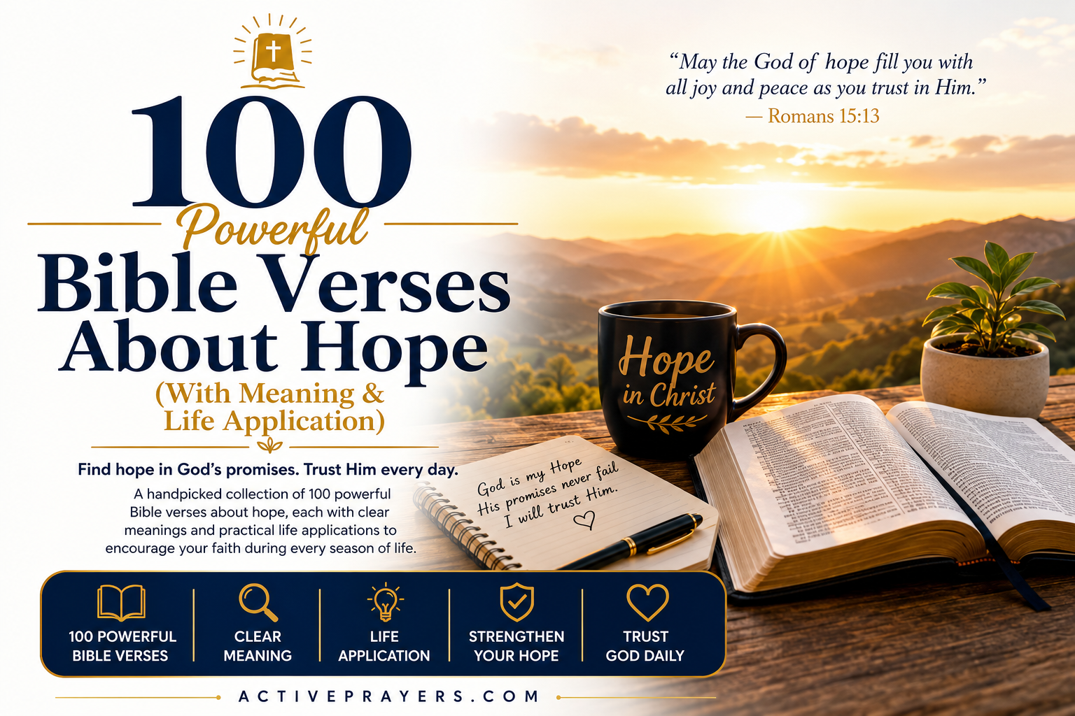 Open Bible with a sunrise representing hope, featuring 100 powerful Bible verses about hope with meaning and life application.