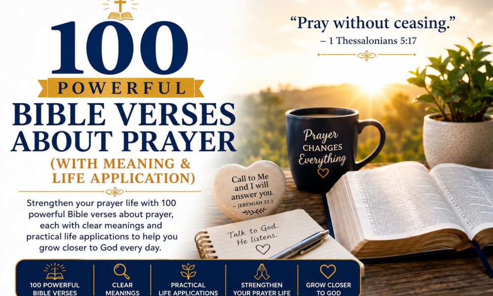Open Bible with praying hands illustrating 100 powerful Bible verses about prayer with meaning and life application