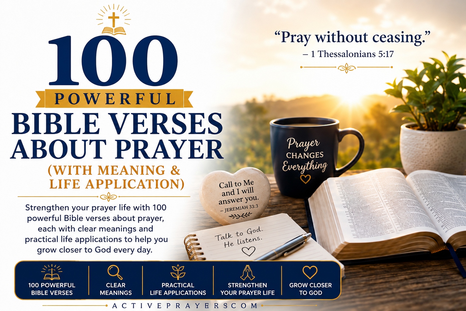 Open Bible with praying hands illustrating 100 powerful Bible verses about prayer with meaning and life application