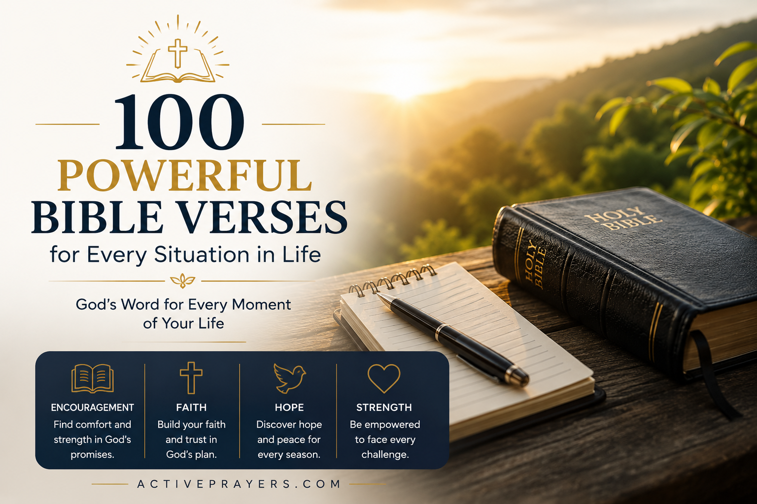Open Holy Bible with sunrise representing 100 powerful Bible verses for faith, hope, healing, peace, strength, wisdom, and encouragement.