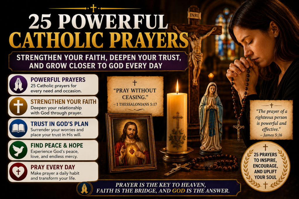 A Catholic devotional image featuring a woman praying with a rosary before a crucifix, candles, an open Bible, and sacred Christian symbols representing 25 powerful Catholic prayers.