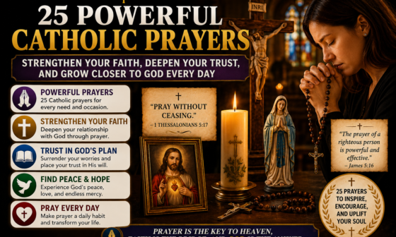 A Catholic devotional image featuring a woman praying with a rosary before a crucifix, candles, an open Bible, and sacred Christian symbols representing 25 powerful Catholic prayers.