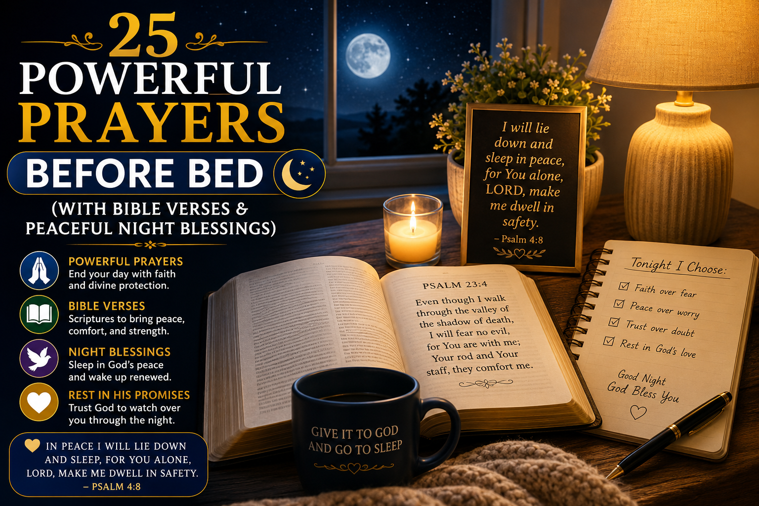 Open Bible with Psalm 23:4, candle, coffee mug, moonlit bedroom, and prayer journal illustrating 25 powerful prayers before bed with Bible verses and peaceful night blessings.