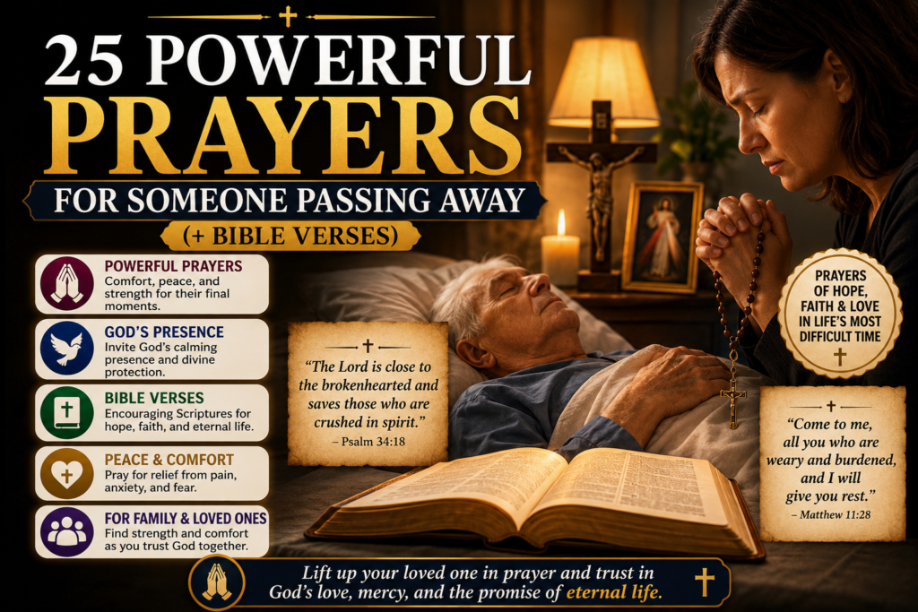 A Christian prayer image showing a family member praying with a rosary beside a loved one nearing the end of life, with an open Bible, crucifix, candles, and comforting Bible verses.