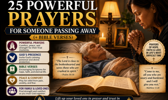 A Christian prayer image showing a family member praying with a rosary beside a loved one nearing the end of life, with an open Bible, crucifix, candles, and comforting Bible verses.