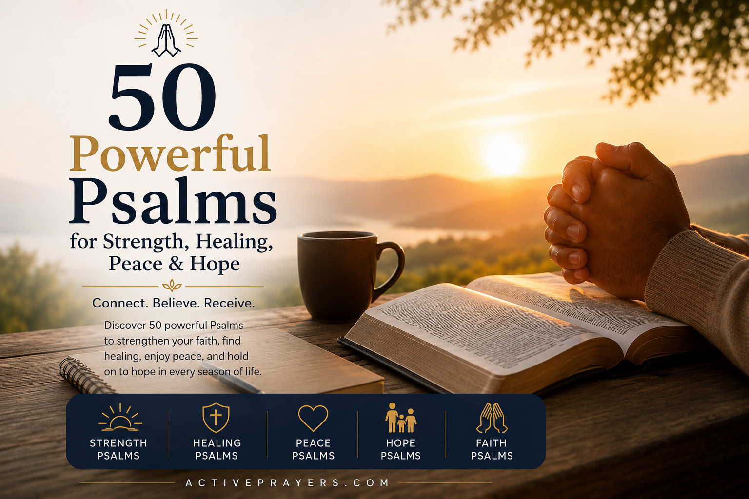 Open Bible showing powerful Psalms for strength, healing, peace, protection, and hope.