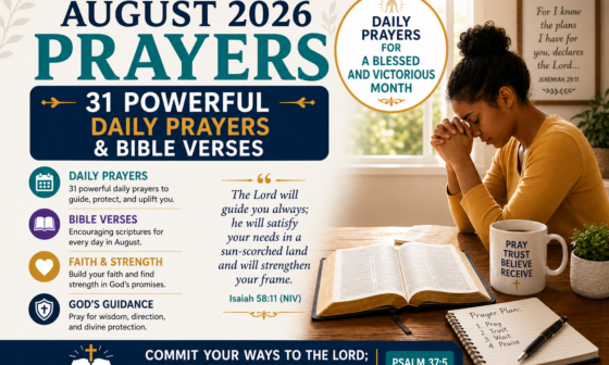 August 2026 prayers featuring a Christian praying beside an open Bible with 31 powerful daily prayers and Bible verses for spiritual growth and encouragement.