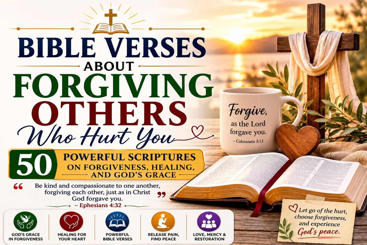 Bible Verses About Forgiving Others Who Hurt You: 50 Powerful Scriptures on Forgiveness, Healing, and God's Grace featuring an open Holy Bible, cross, inspirational mug with Colossians 3:13, olive branches, heart symbol, and golden sunlight representing forgiveness, healing, peace, and God's unfailing grace.