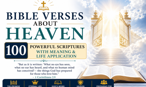 Open Bible with glowing light and a peaceful heavenly sky representing 100 powerful Bible verses about heaven, eternal life, God's kingdom, and the hope of salvation.