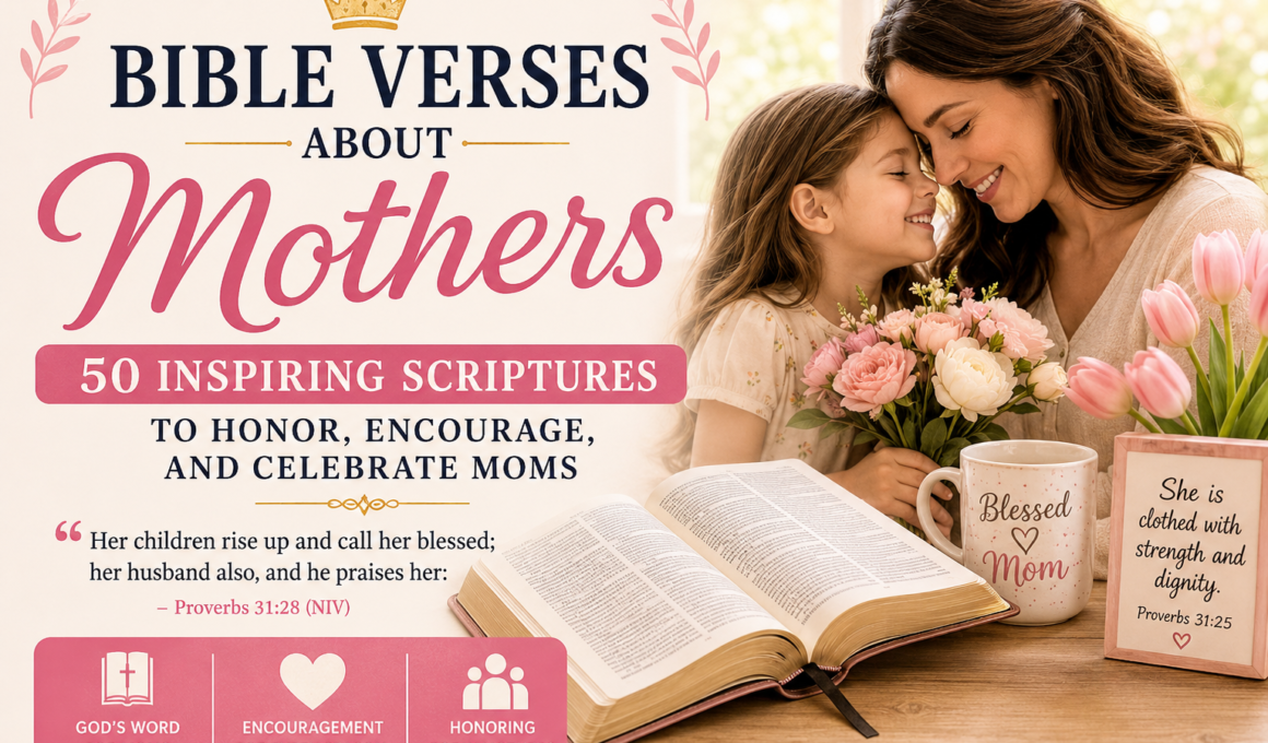 Beautiful Christian blog featured image showing a loving mother and daughter with an open Bible, highlighting 50 inspiring Bible verses about mothers to honor, encourage, and celebrate moms.