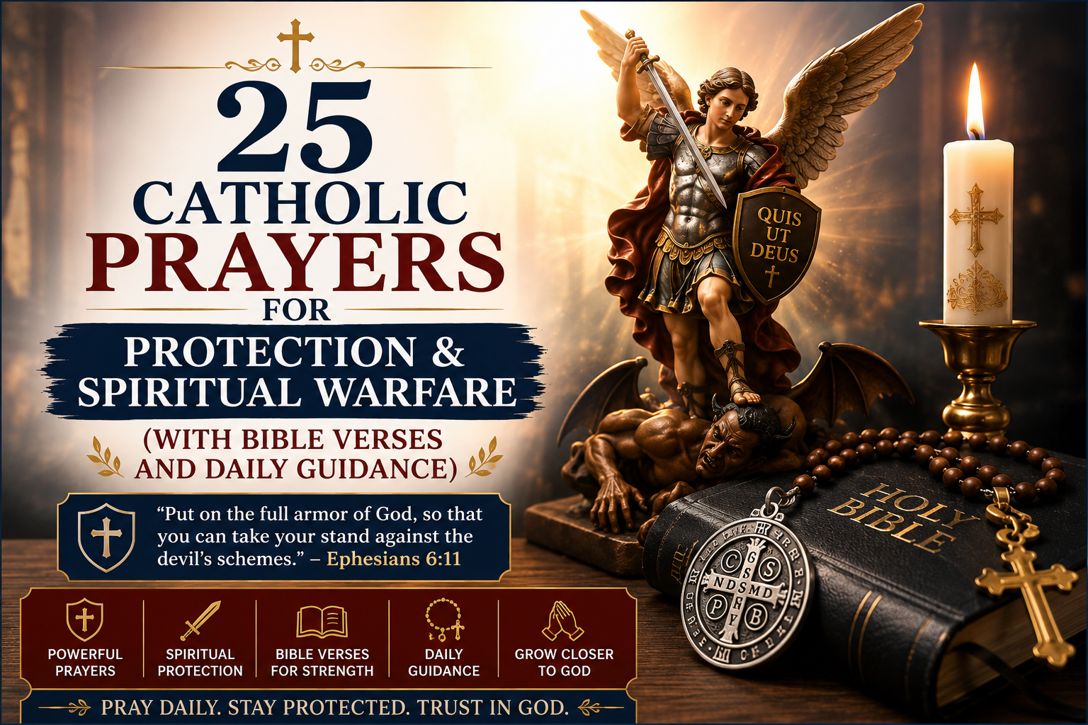 25 Catholic prayers for protection and spiritual warfare with Bible verses and daily guidance, featuring folded hands in prayer, an open Bible, a wooden cross, and a peaceful sunrise symbolizing God's protection.