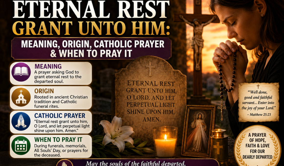 A Catholic devotional image featuring a person praying with a rosary beside a crucifix and candle, illustrating the "Eternal Rest Grant Unto Him" prayer for the faithful departed.