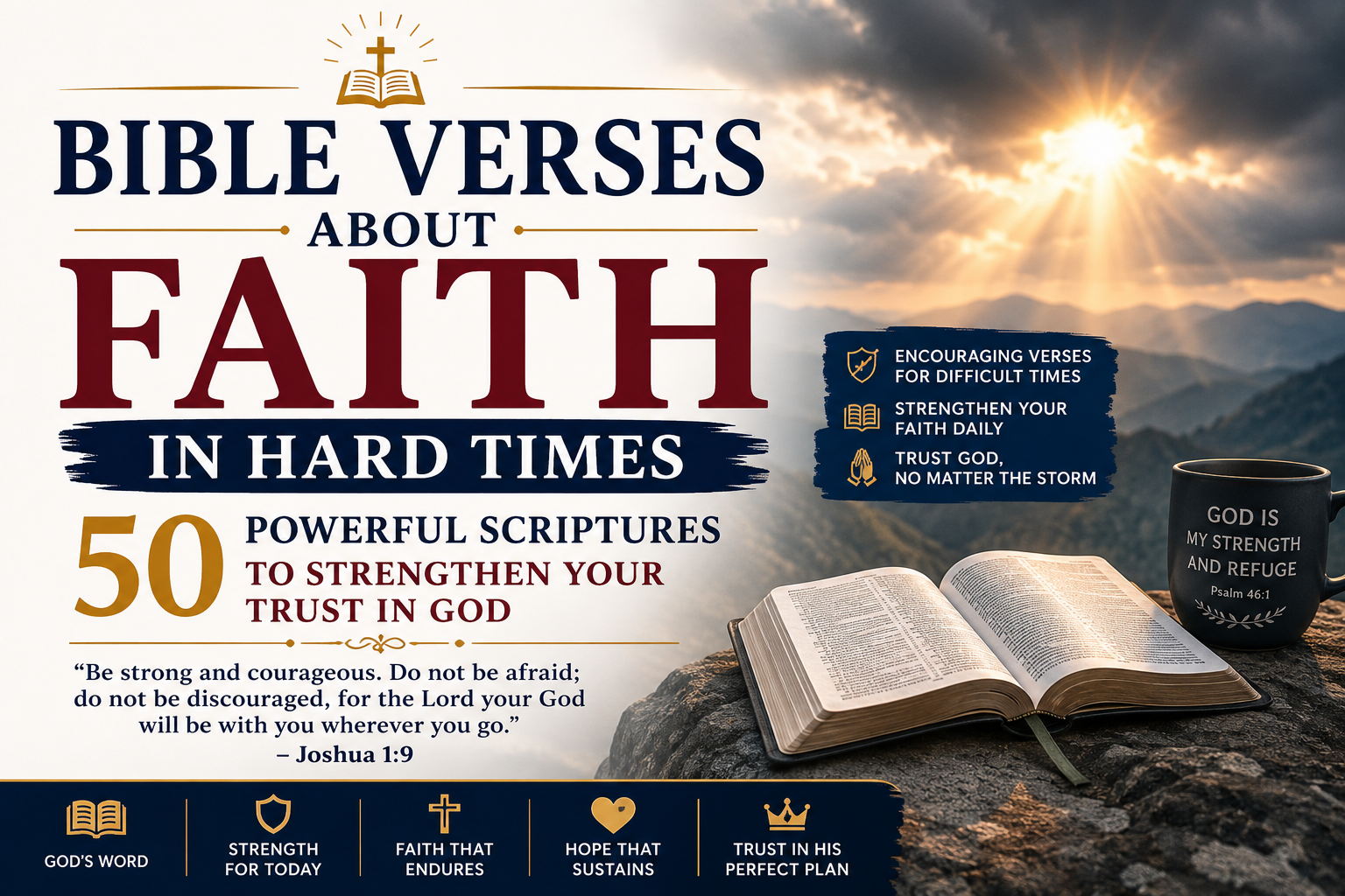 Bible Verses About Faith in Hard Times featuring an open Bible, mountain landscape, sunlight breaking through storm clouds, and 50 powerful Scriptures to strengthen your trust in God.