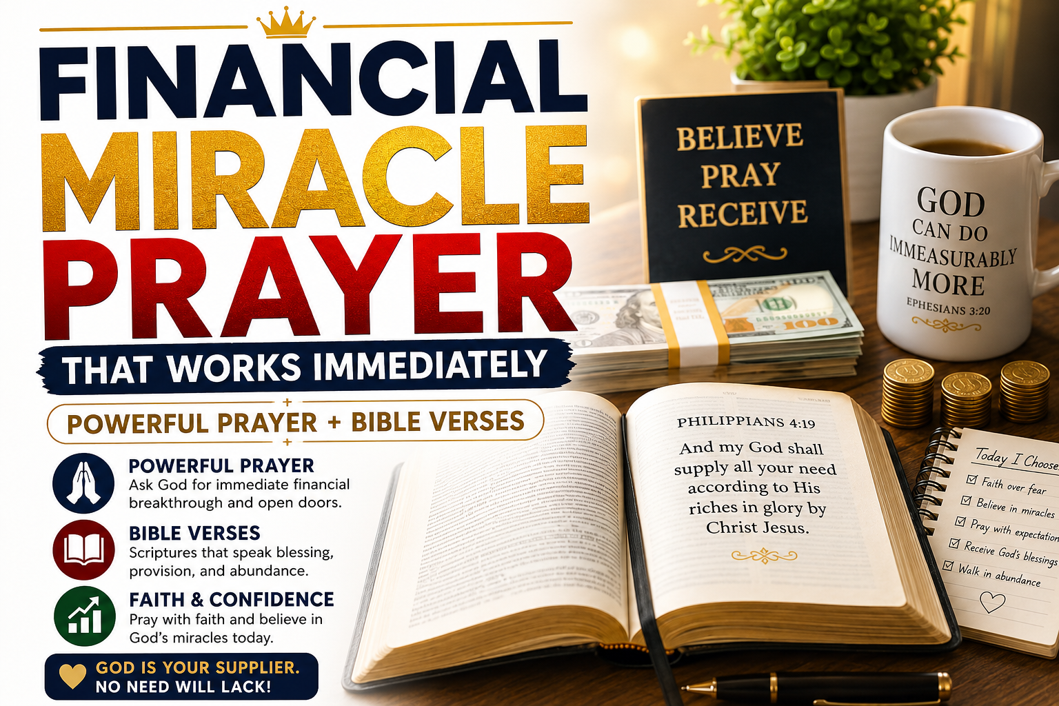 Open Bible with Philippians 4:19, money, prayer journal, and Christian message about a financial miracle prayer that works immediately with powerful Bible verses for God's provision.