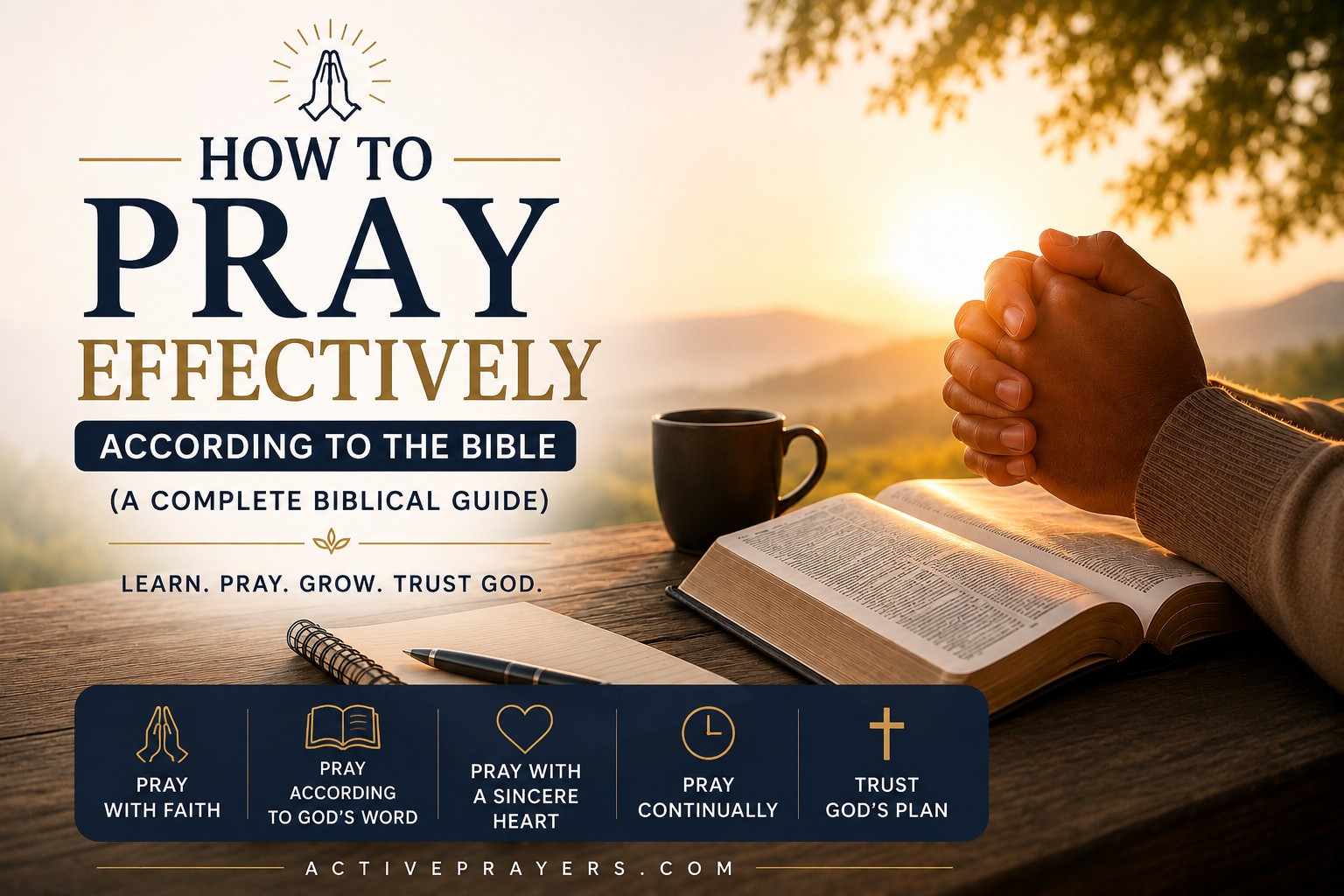 How to Pray Effectively According to the Bible – Christian praying over an open Bible during sunrise