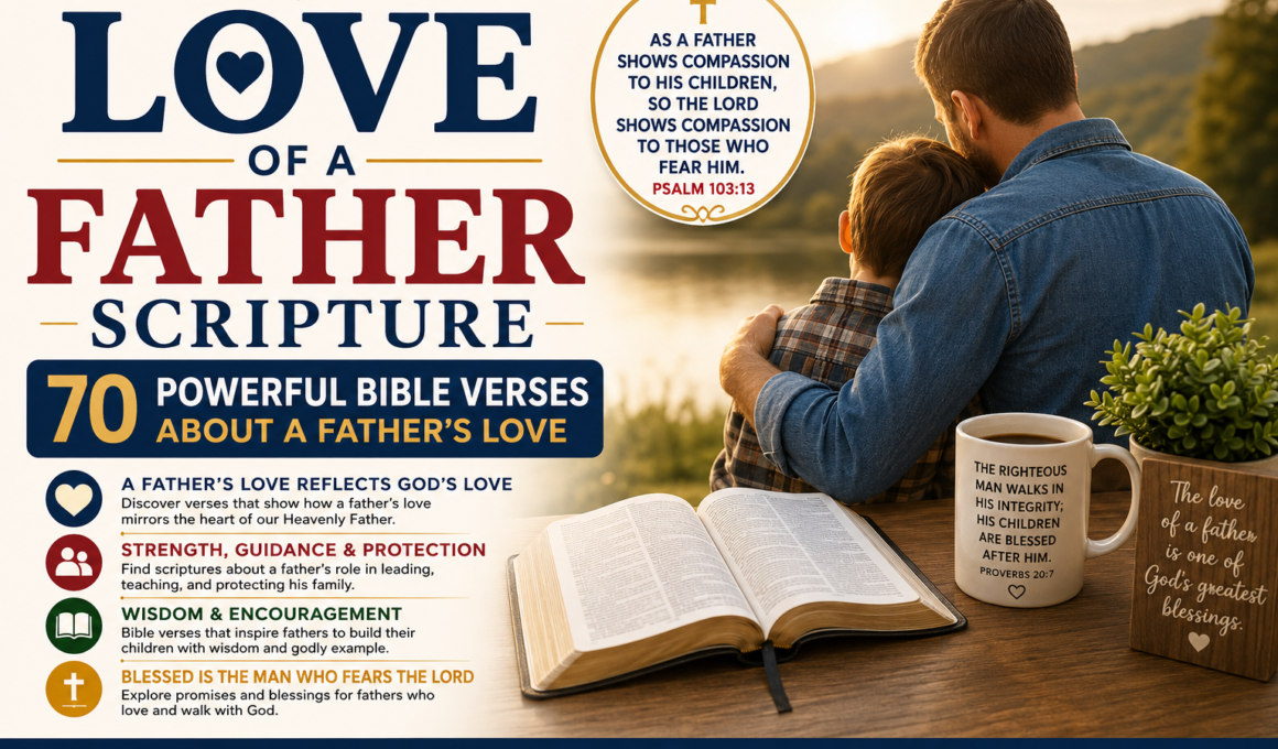 Christian father embracing his child beside an open Bible, illustrating God's love through 70 powerful Bible verses about a father's love, guidance, and protection.