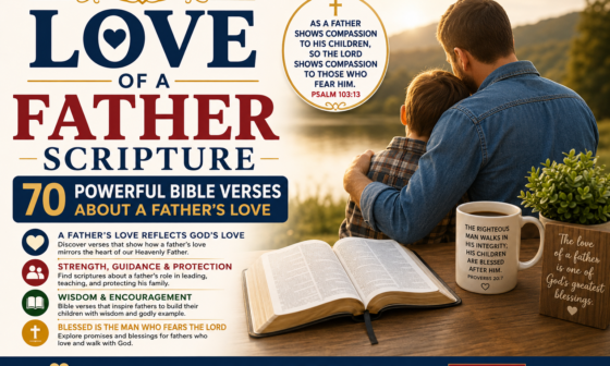 Christian father embracing his child beside an open Bible, illustrating God's love through 70 powerful Bible verses about a father's love, guidance, and protection.
