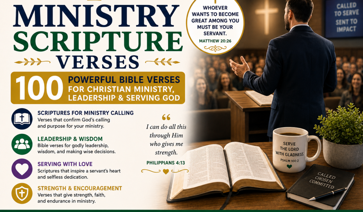 Pastor preaching before a congregation beside an open Bible, illustrating 100 powerful ministry Scripture verses for Christian leadership, service, and God's calling.