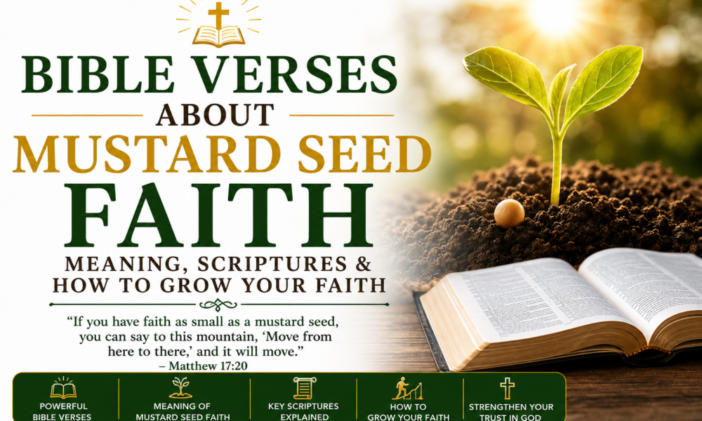 Bible verses about mustard seed faith with a growing seedling beside an open Bible, illustrating the meaning of Matthew 17:20 and how to grow strong faith in God.