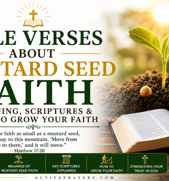 Bible verses about mustard seed faith with a growing seedling beside an open Bible, illustrating the meaning of Matthew 17:20 and how to grow strong faith in God.