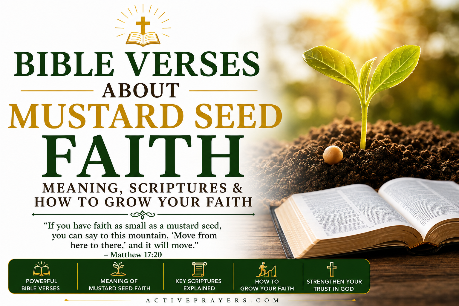 Bible verses about mustard seed faith with a growing seedling beside an open Bible, illustrating the meaning of Matthew 17:20 and how to grow strong faith in God.