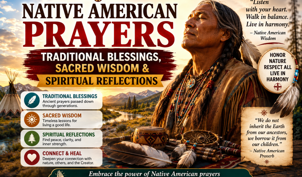 Native American prayers featuring a traditional elder, sacred landscape, blessings, spiritual wisdom, reflections, mountains, river, feathers, and symbols of harmony with nature.