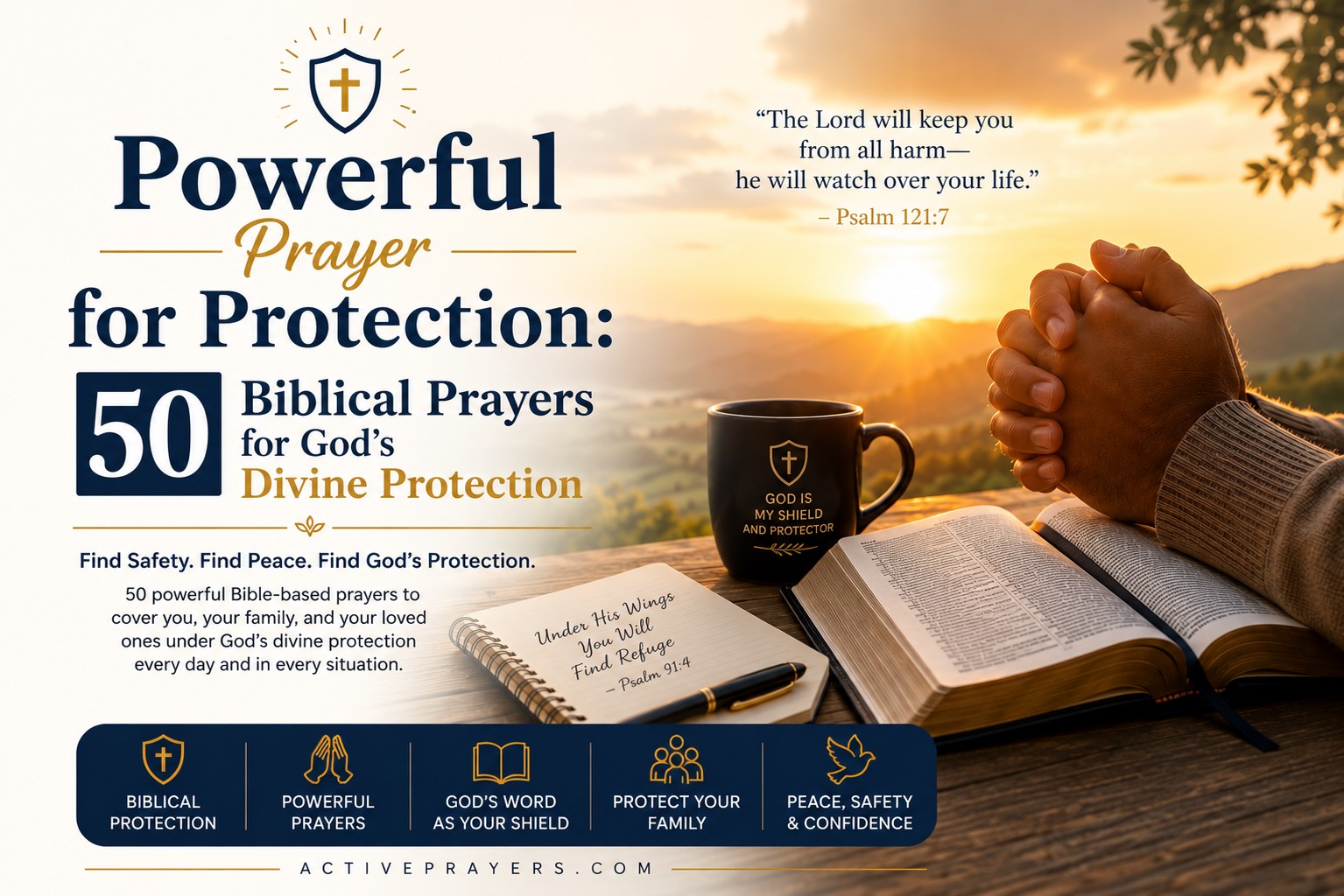 Praying hands beside an open Bible at sunrise representing 50 biblical prayers for God's divine protection, peace, safety, and spiritual security.
