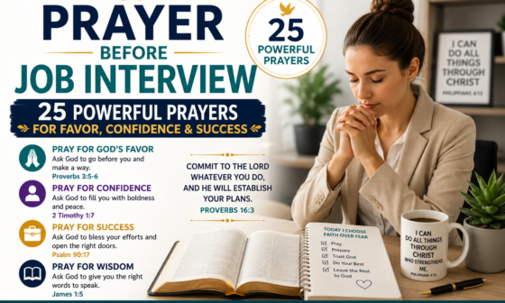 Professional Christian woman praying before a job interview with an open Bible, asking God for favor, confidence, wisdom, and career success.