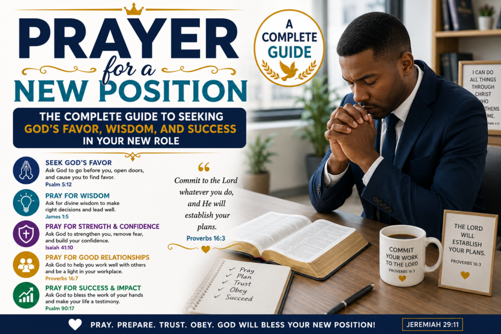 Professional Christian man praying beside an open Bible before starting a new job, representing prayer for God's favor, wisdom, guidance, and success in a new position.