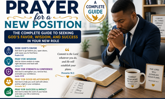 Professional Christian man praying beside an open Bible before starting a new job, representing prayer for God's favor, wisdom, guidance, and success in a new position.