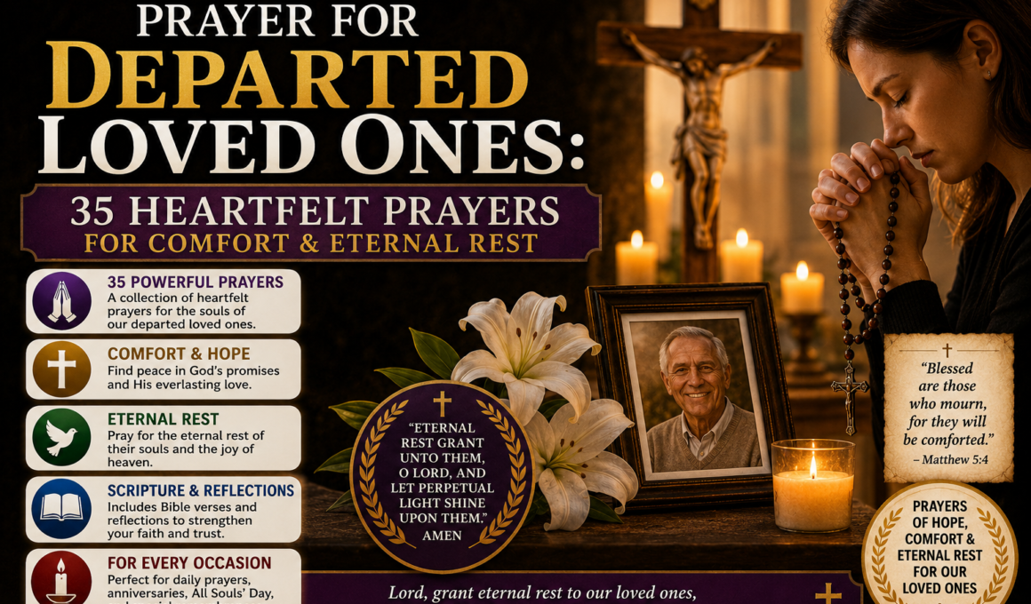 A Christian memorial prayer image showing a woman praying with a rosary beside candles, a crucifix, white lilies, and a framed photo, symbolizing prayers for departed loved ones and eternal rest.