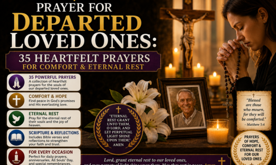 A Christian memorial prayer image showing a woman praying with a rosary beside candles, a crucifix, white lilies, and a framed photo, symbolizing prayers for departed loved ones and eternal rest.