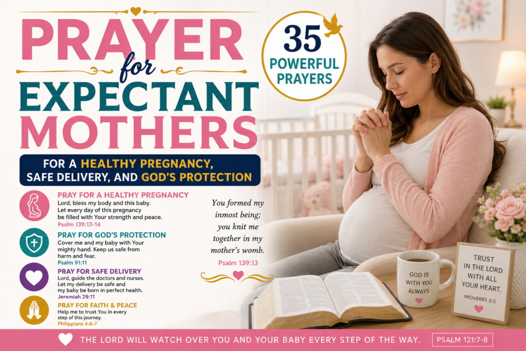 Pregnant Christian woman praying beside an open Bible with the title "Prayer for Expectant Mothers: 35 Powerful Prayers for a Healthy Pregnancy, Safe Delivery, and God's Protection."