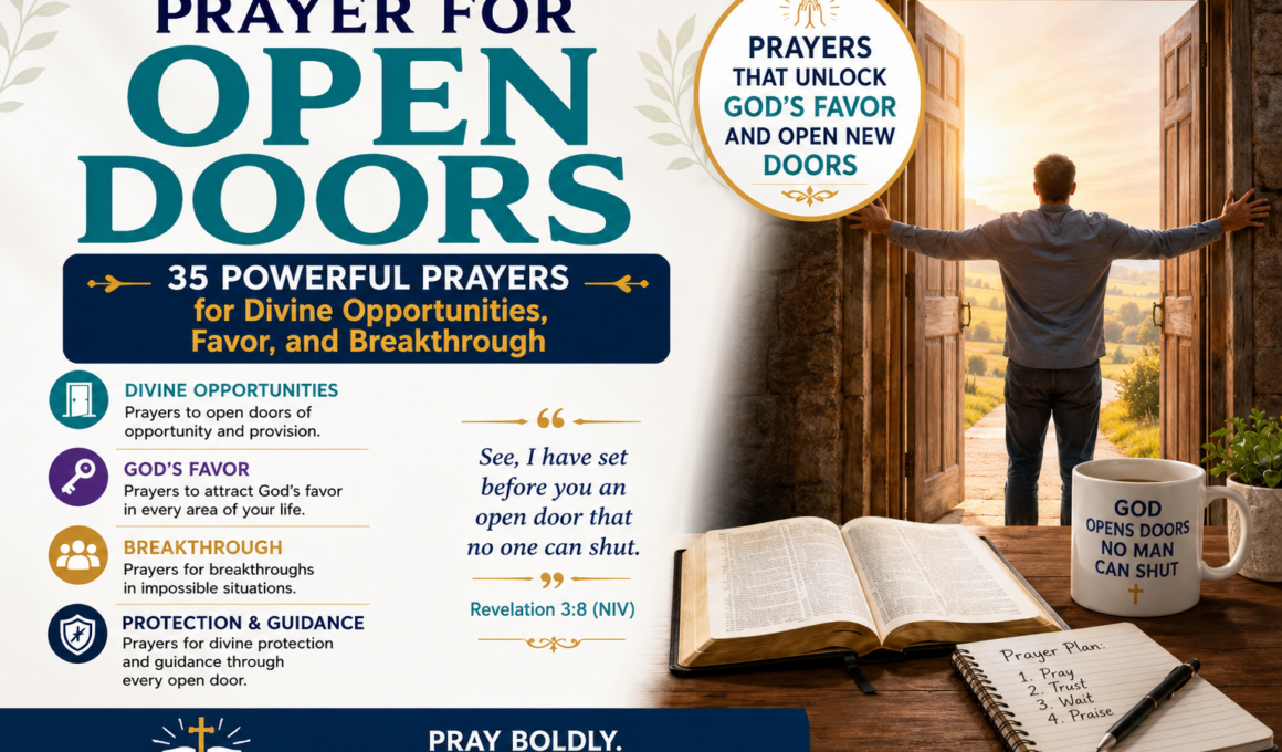 Prayer for Open Doors – 35 Powerful Prayers for Divine Opportunities, Favor, and Breakthrough with Bible, open doorway, and Christian praying scene.