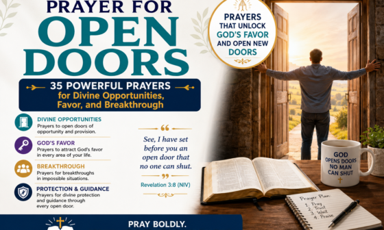 Prayer for Open Doors – 35 Powerful Prayers for Divine Opportunities, Favor, and Breakthrough with Bible, open doorway, and Christian praying scene.