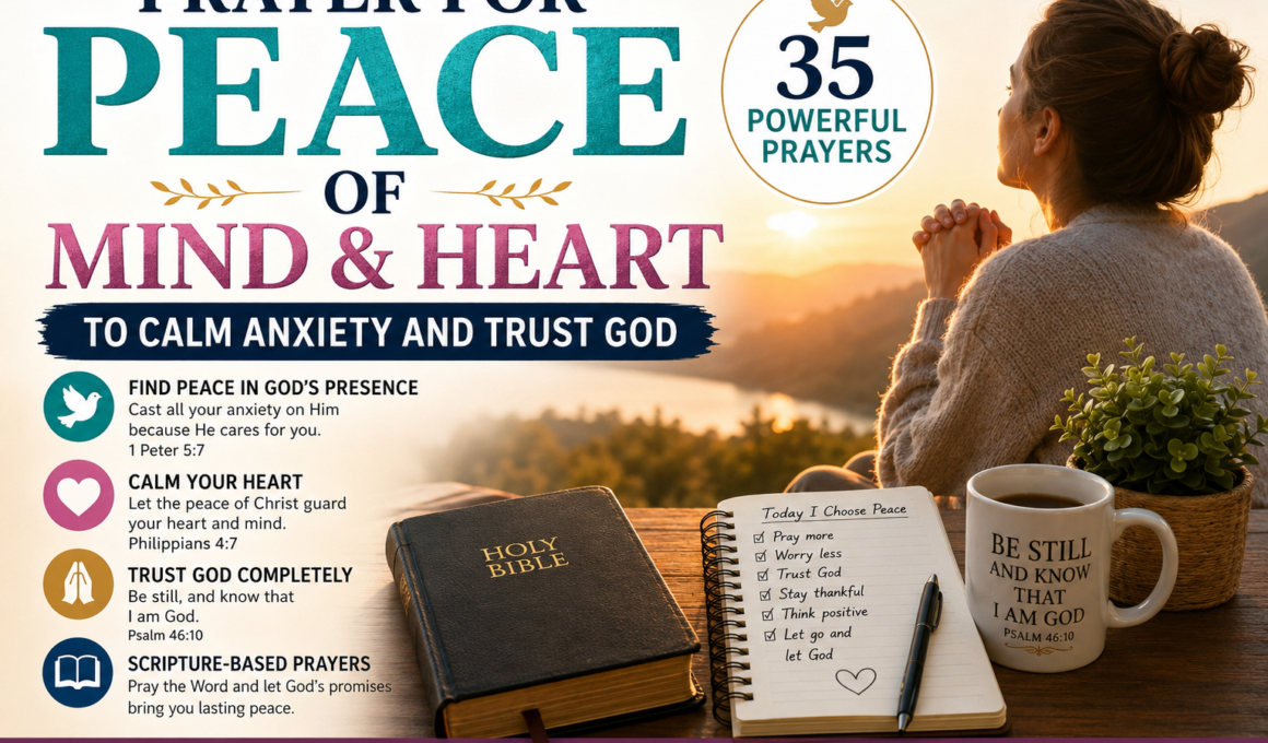 Christian woman praying at sunrise beside an open Bible, symbolizing peace of mind and heart, trusting God, overcoming anxiety, and finding comfort through prayer.