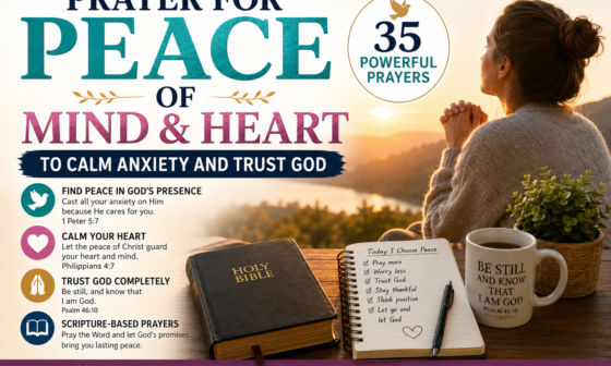 Christian woman praying at sunrise beside an open Bible, symbolizing peace of mind and heart, trusting God, overcoming anxiety, and finding comfort through prayer.