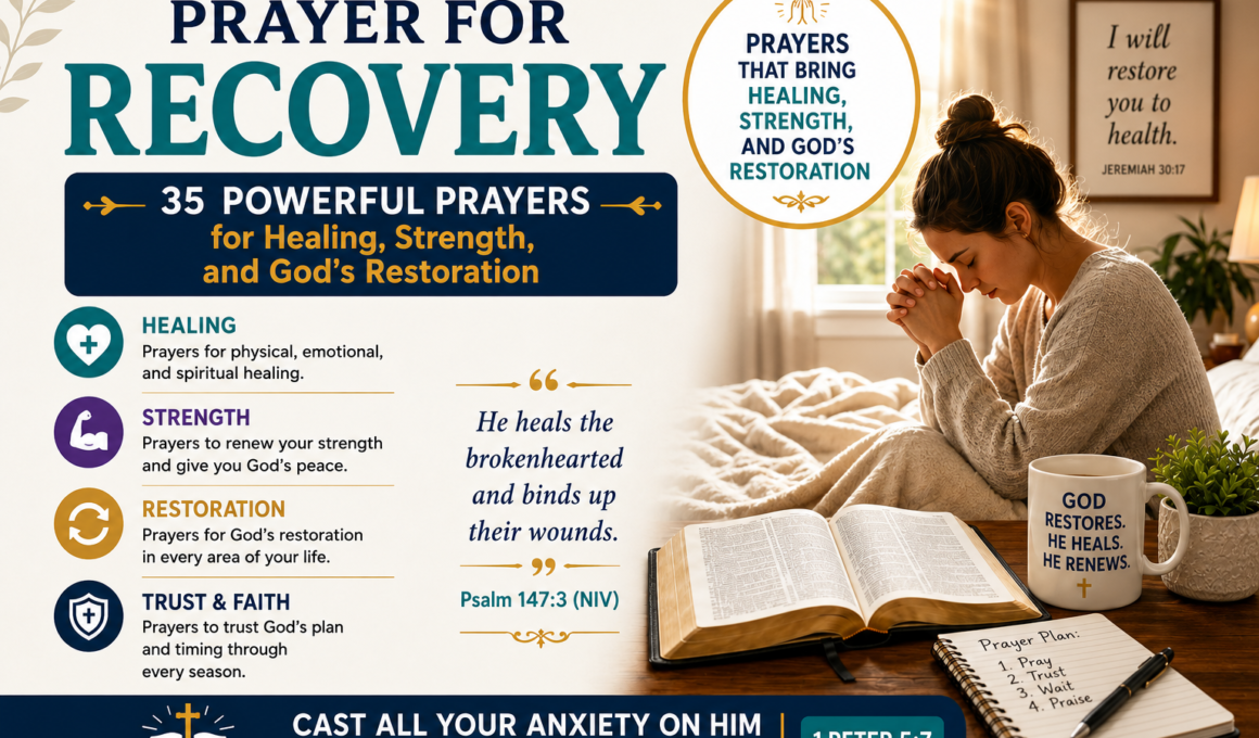 Prayer for recovery featuring a Christian praying beside an open Bible, symbolizing healing, strength, hope, and God's restoration.