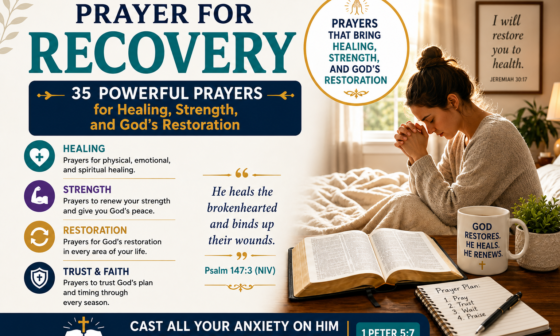 Prayer for recovery featuring a Christian praying beside an open Bible, symbolizing healing, strength, hope, and God's restoration.