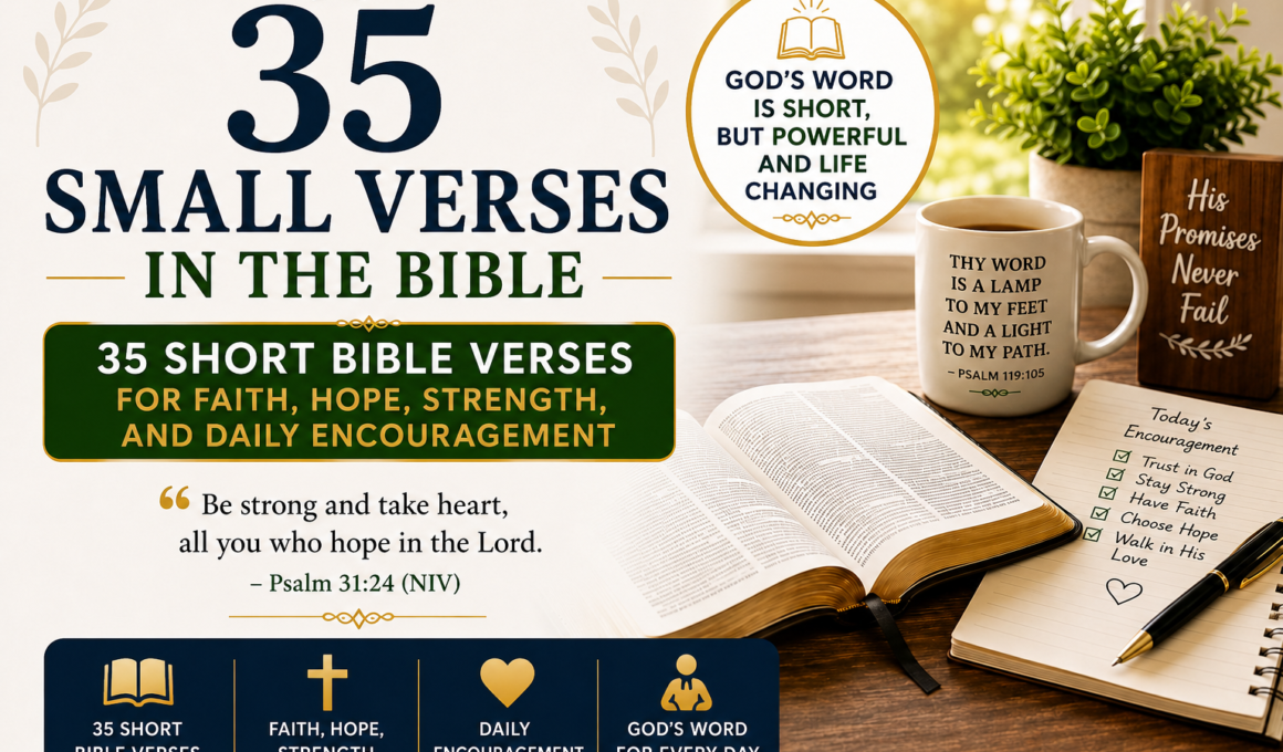 Open Bible with coffee mug and notebook featuring 35 small Bible verses for faith, hope, strength, and daily encouragement in a peaceful Christian setting.