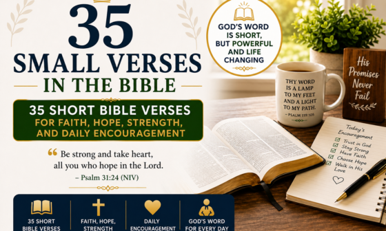 Open Bible with coffee mug and notebook featuring 35 small Bible verses for faith, hope, strength, and daily encouragement in a peaceful Christian setting.