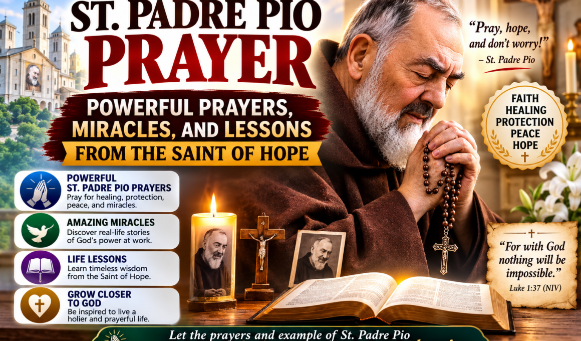 St. Padre Pio praying with a rosary beside an open Bible, illustrating powerful prayers, miracles, faith, hope, healing, and spiritual lessons from the beloved Catholic saint.