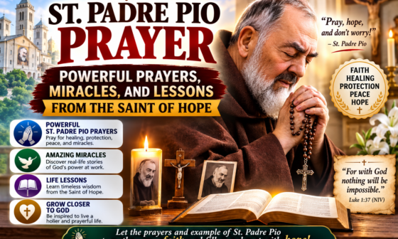 St. Padre Pio praying with a rosary beside an open Bible, illustrating powerful prayers, miracles, faith, hope, healing, and spiritual lessons from the beloved Catholic saint.