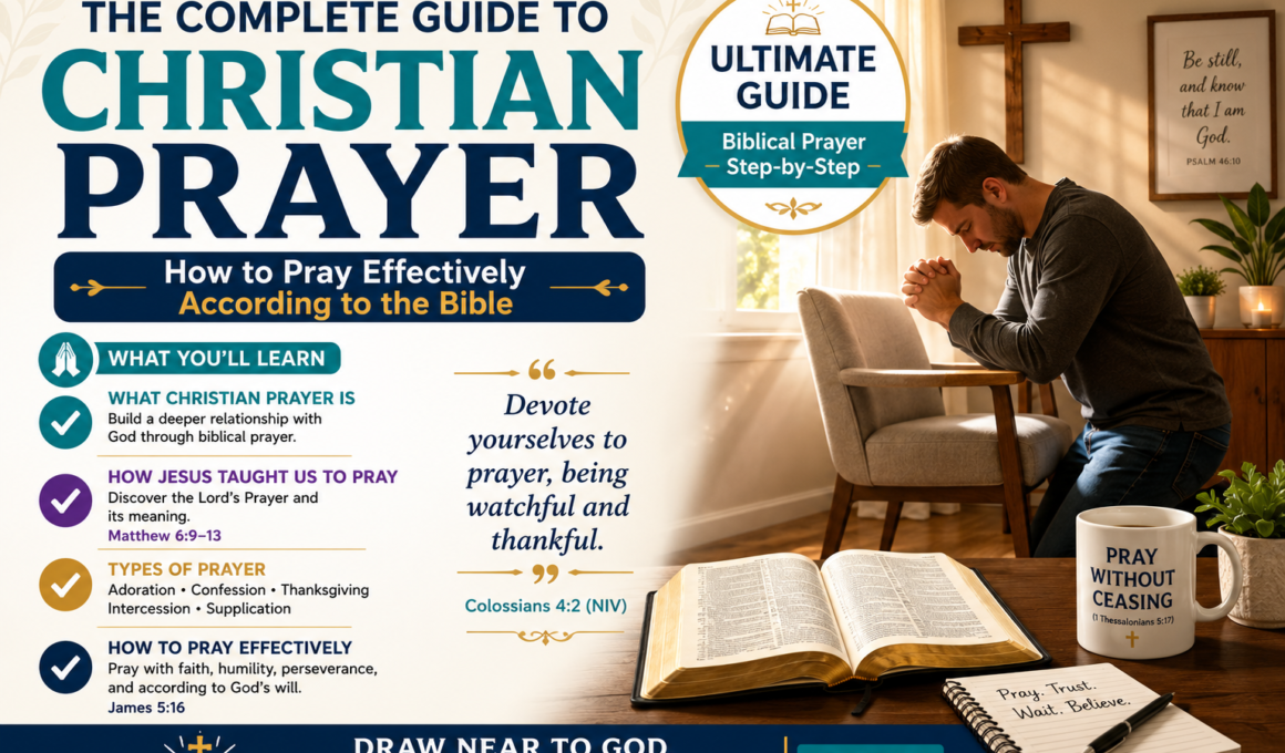 The Complete Guide to Christian Prayer showing a Christian praying beside an open Bible with biblical steps for praying effectively according to Scripture.