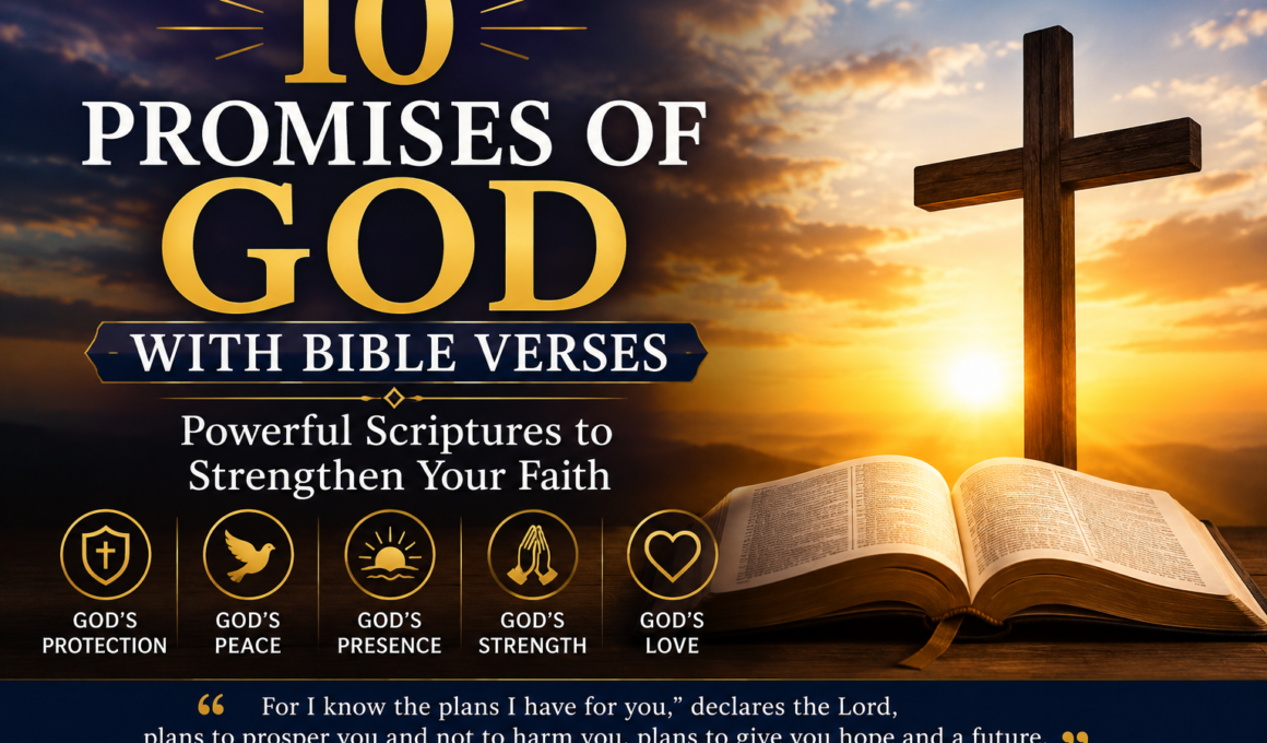 10 promises of God with Bible verses to strengthen your faith, featuring an open Bible and cross at sunset