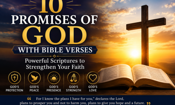 10 promises of God with Bible verses to strengthen your faith, featuring an open Bible and cross at sunset