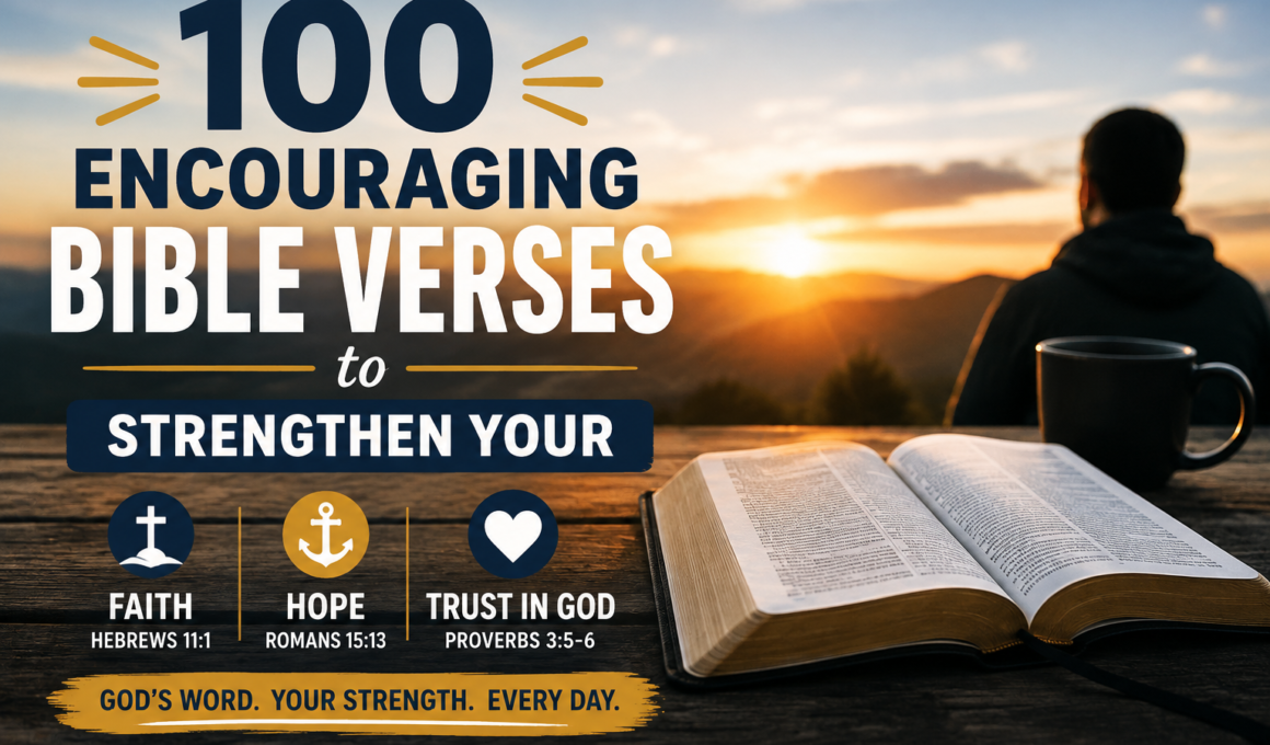 Open Holy Bible at sunrise with a Christian praying, representing 100 encouraging Bible verses to strengthen faith, hope, and trust in God.