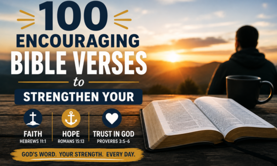 Open Holy Bible at sunrise with a Christian praying, representing 100 encouraging Bible verses to strengthen faith, hope, and trust in God.